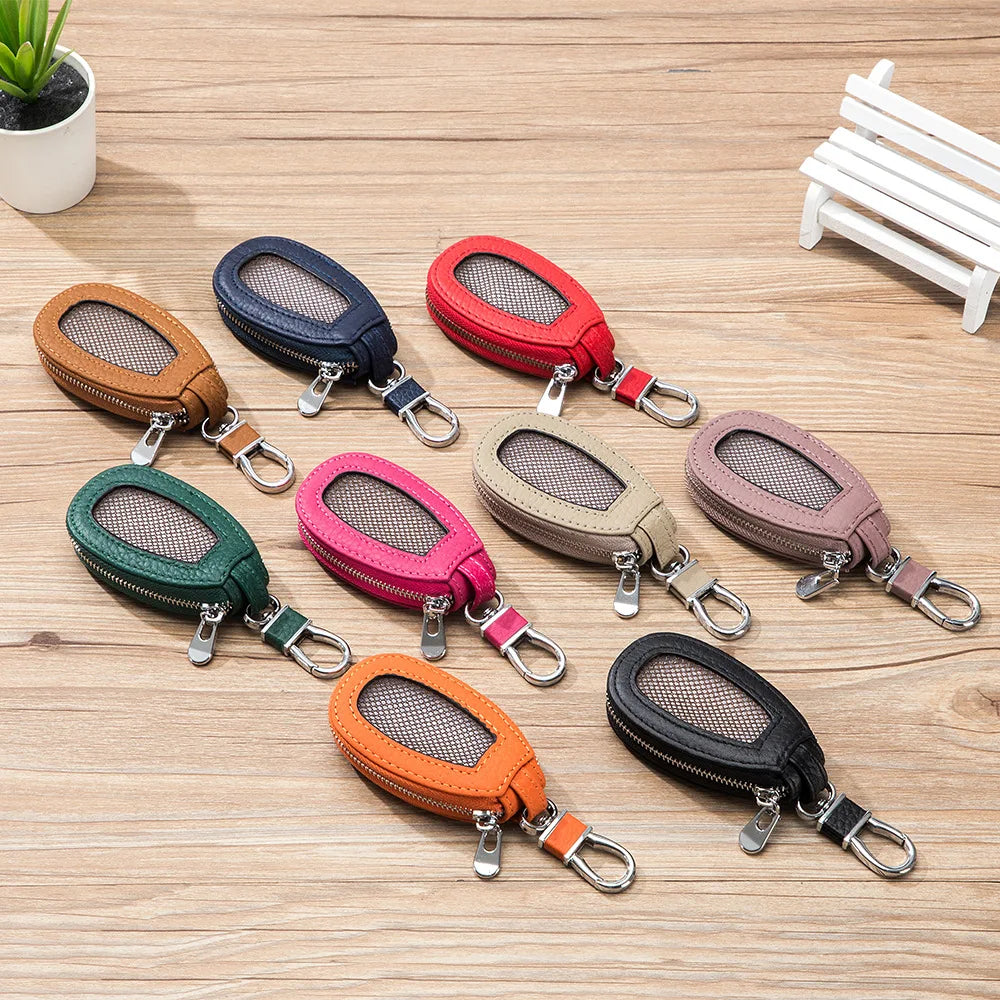 Plaid Car Key Bag Leather Keys Organizer Zip Key Case Wallet