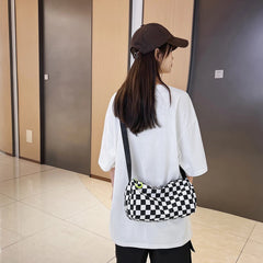 Plaid Crossbody Bag Retro Hand Cylinder Sports Zipper Travel Satchel