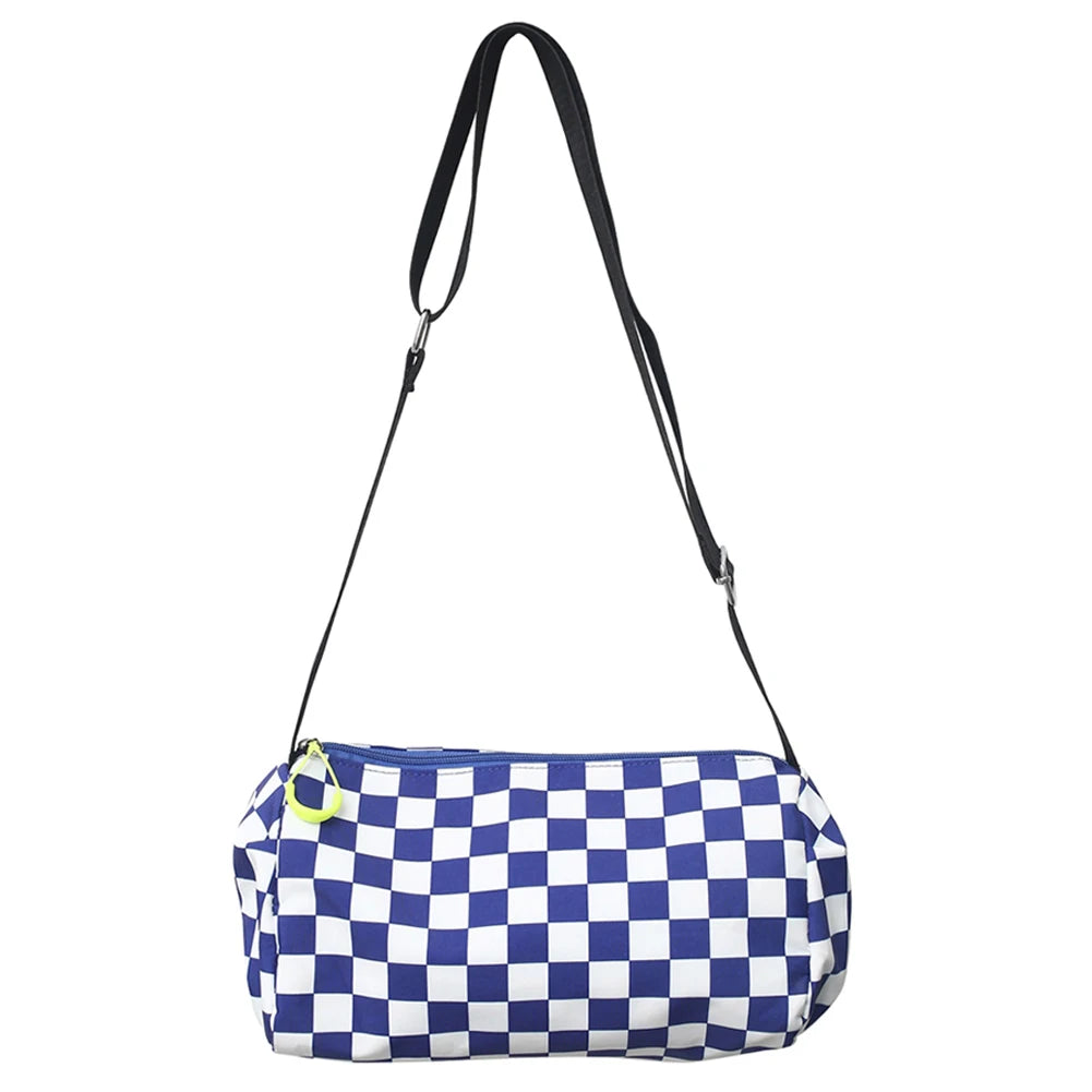 Plaid Crossbody Bag Retro Hand Cylinder Sports Zipper Travel Satchel