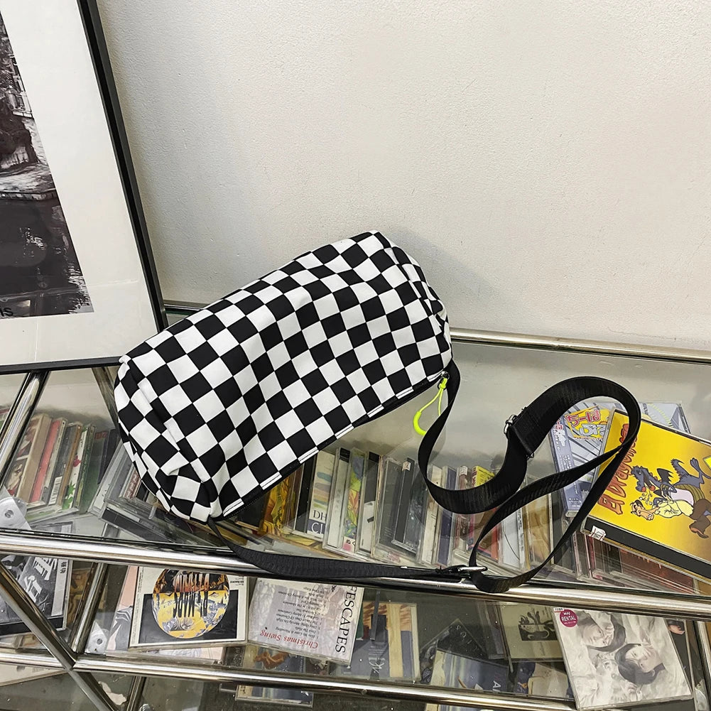 Plaid Crossbody Bag Retro Hand Cylinder Sports Zipper Travel Satchel