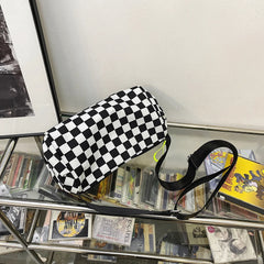 Plaid Crossbody Bag Retro Hand Cylinder Sports Zipper Travel Satchel