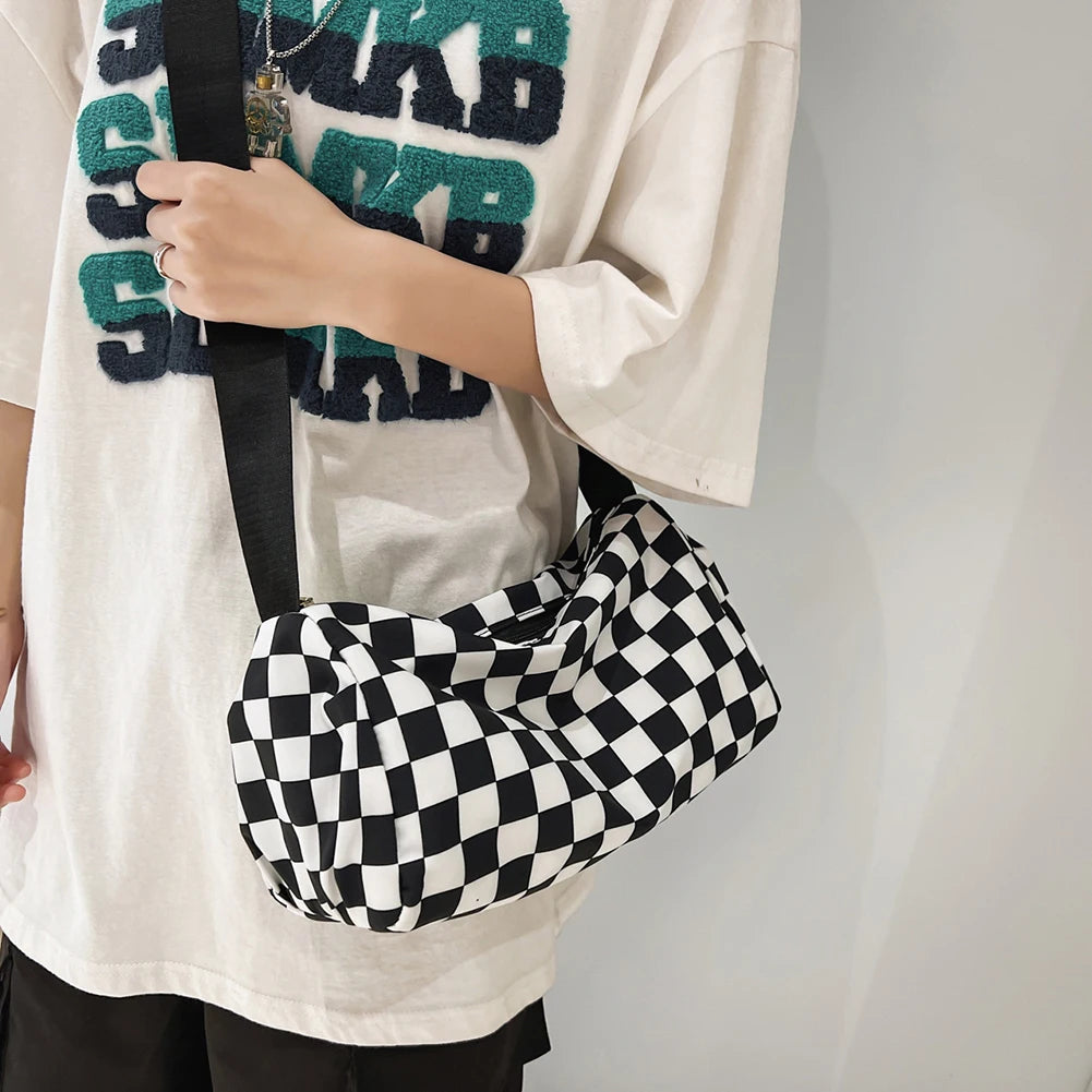 Plaid Crossbody Handbag, Cylinder Sports Leisure Zipper Travel Satchel