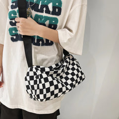 Plaid Crossbody Handbag, Cylinder Sports Leisure Zipper Travel Satchel
