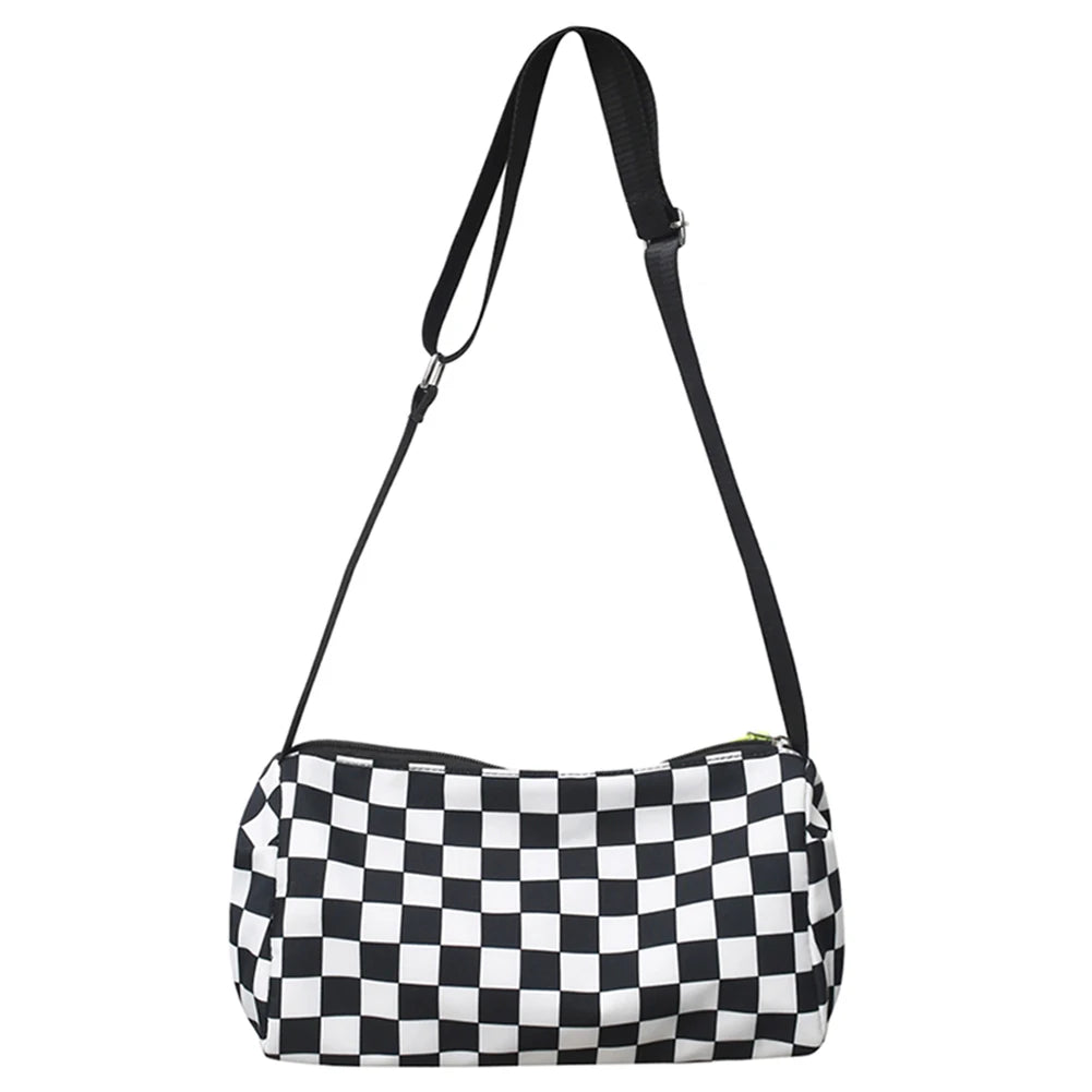 Plaid Crossbody Handbag, Cylinder Sports Leisure Zipper Travel Satchel