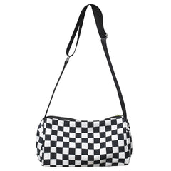 Plaid Crossbody Handbag, Cylinder Sports Leisure Zipper Travel Satchel