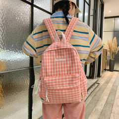 Plaid Pattern Backpack Student Girl Sweet Canvas Shoulders Bag