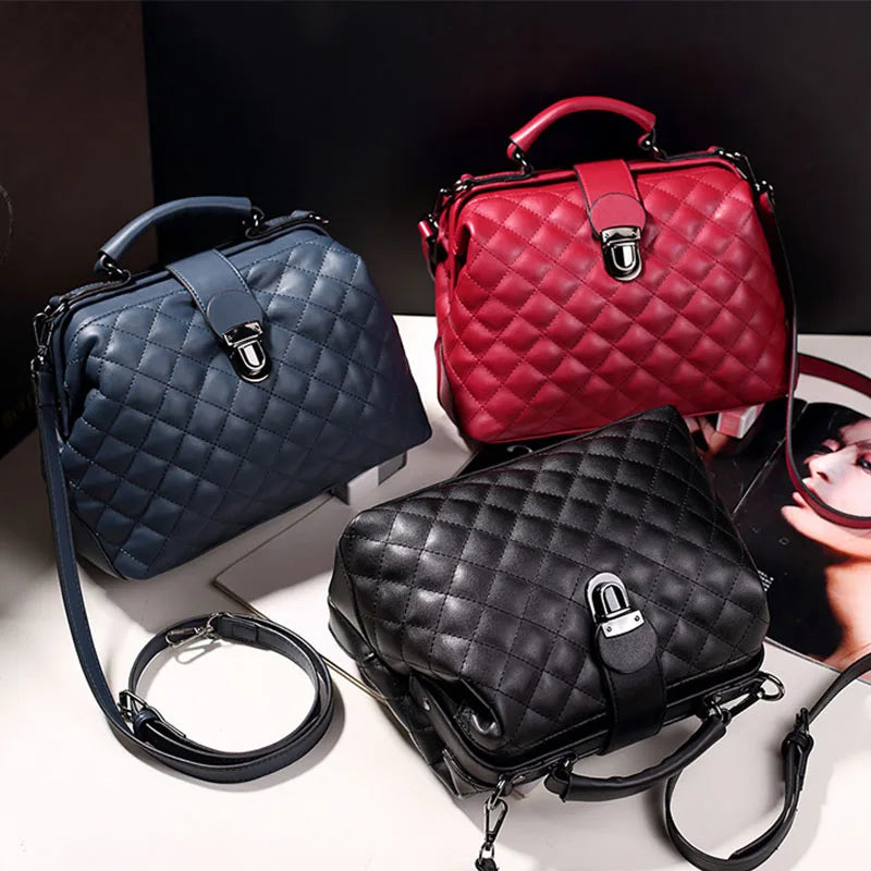 Plaid Rivets Pu Leather Crossbody Bags For Women Solid Shoulder Handbags