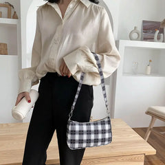 Plaid Tote Bag Women Casual Shoulder Bags Vintage Nylon Retro Popular
