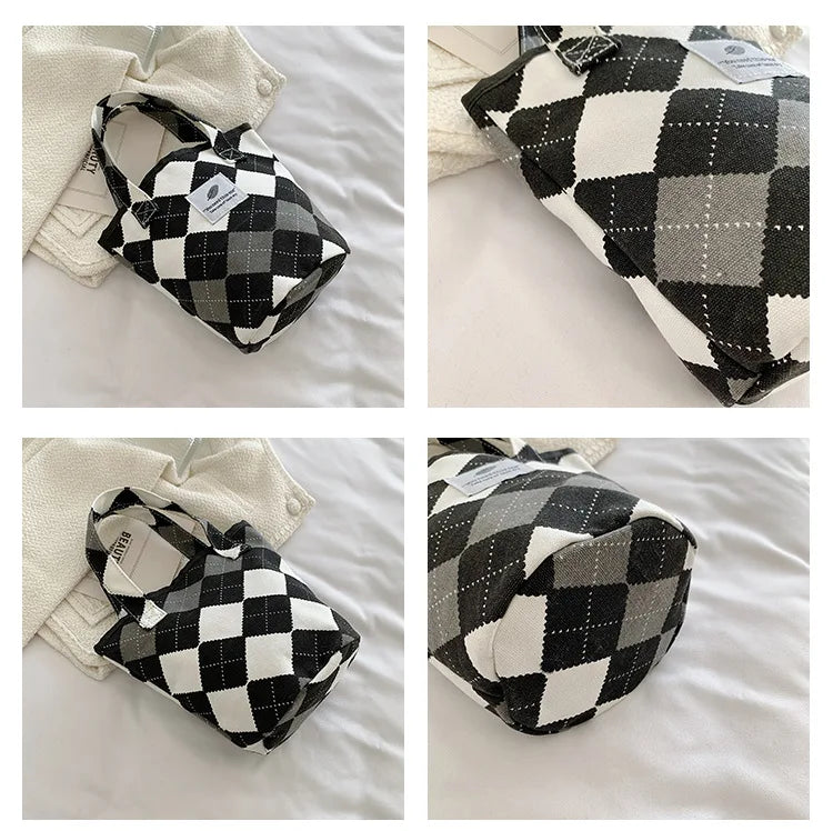 Plaid Women Canvas Shoulder Bag Clutch Purse Handbags Small Tote Bucket Bags