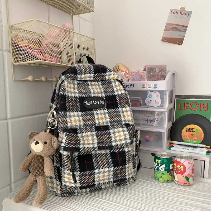 Plaid Woollen Cloth Women's Backpack