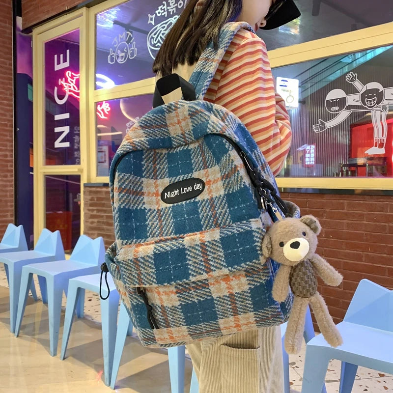 Plaid Woollen Cloth Women's Backpack