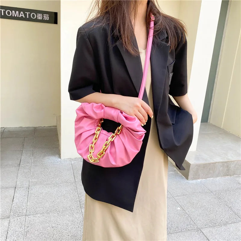 Pleated Cloud Bag Round Handbag For Women Thick Chain Shoulder Bag Tote Bag