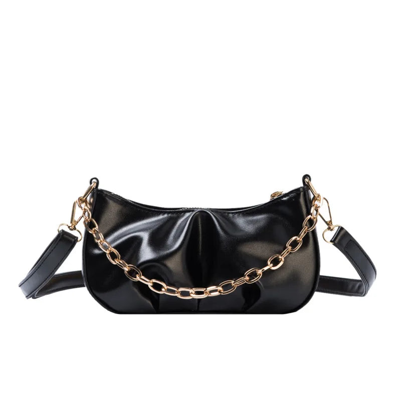 Pleated Crossbody Bag Women PU Leather Shoulder Messenger Chain Clutches Totes