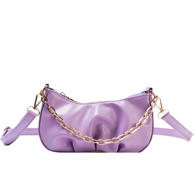 Pleated Crossbody Bag Women PU Leather Shoulder Messenger Chain Clutches Totes
