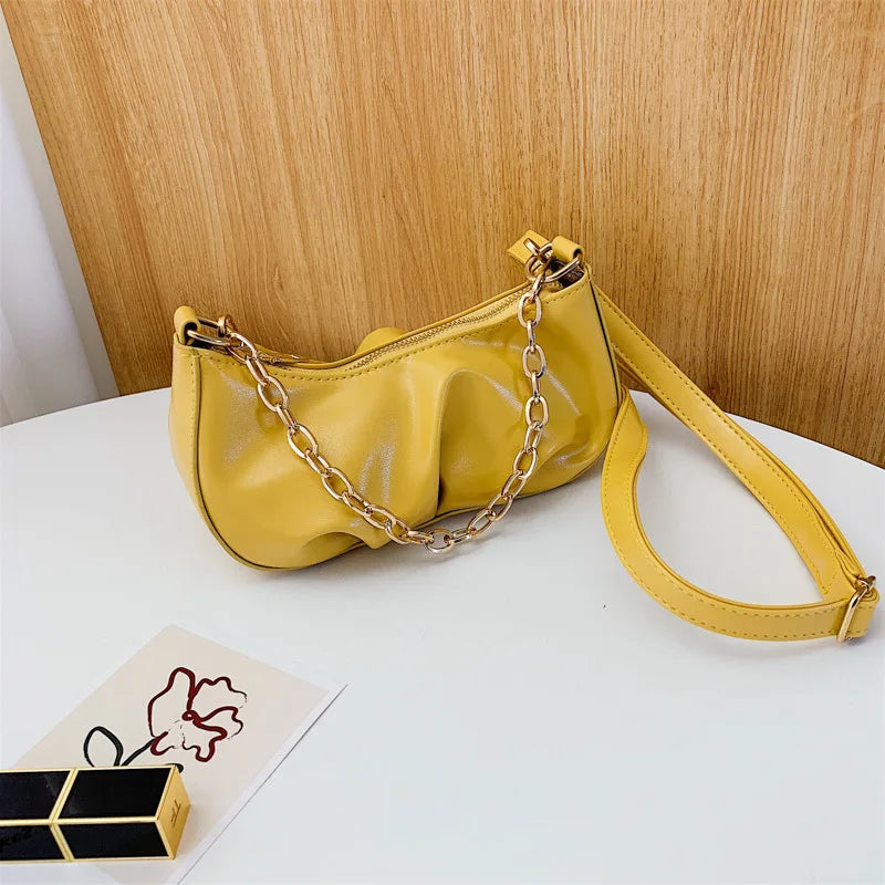 Pleated Crossbody Bag Women PU Leather Shoulder Messenger Chain Clutches Totes