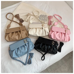 Retro Pleated PU Shoulder Bag Solid Leather Hobos Handbag Womens Underarm
