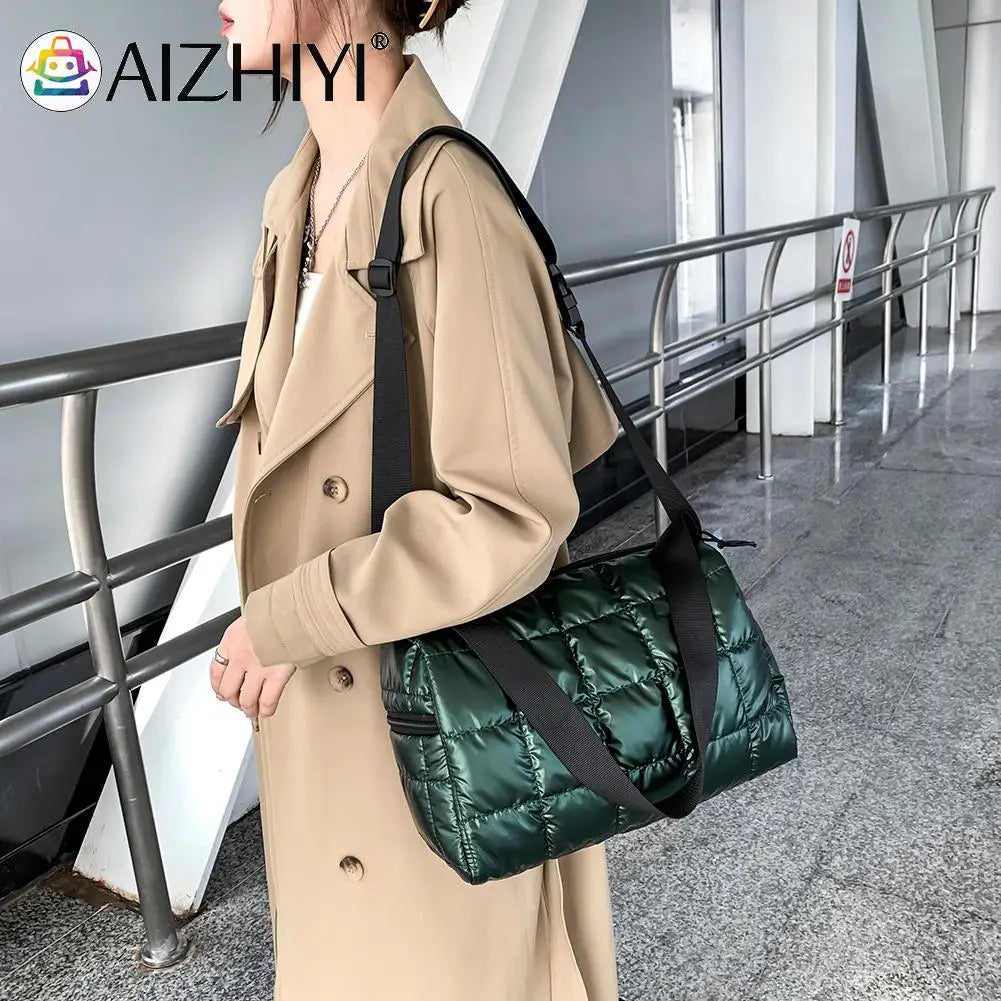 Pleated Quilted Cotton Padded Grid Crossbody Bag