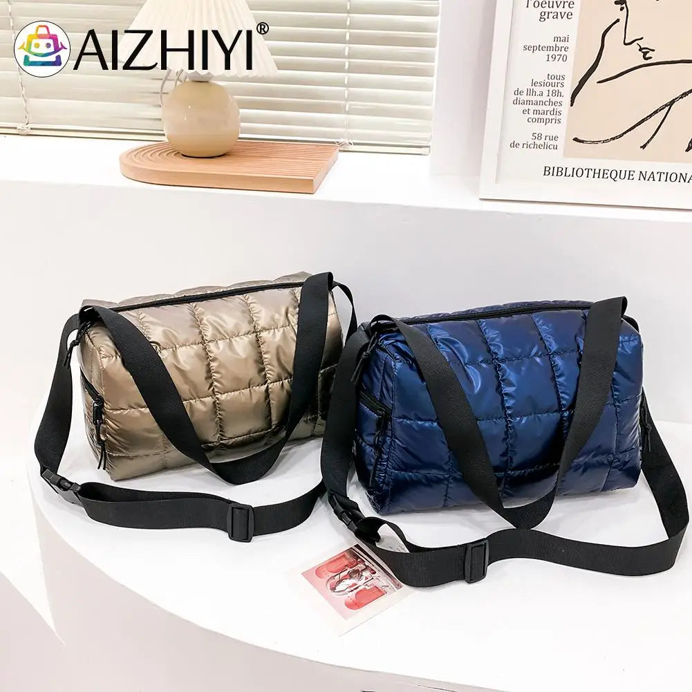 Pleated Quilted Cotton Padded Grid Crossbody Bag