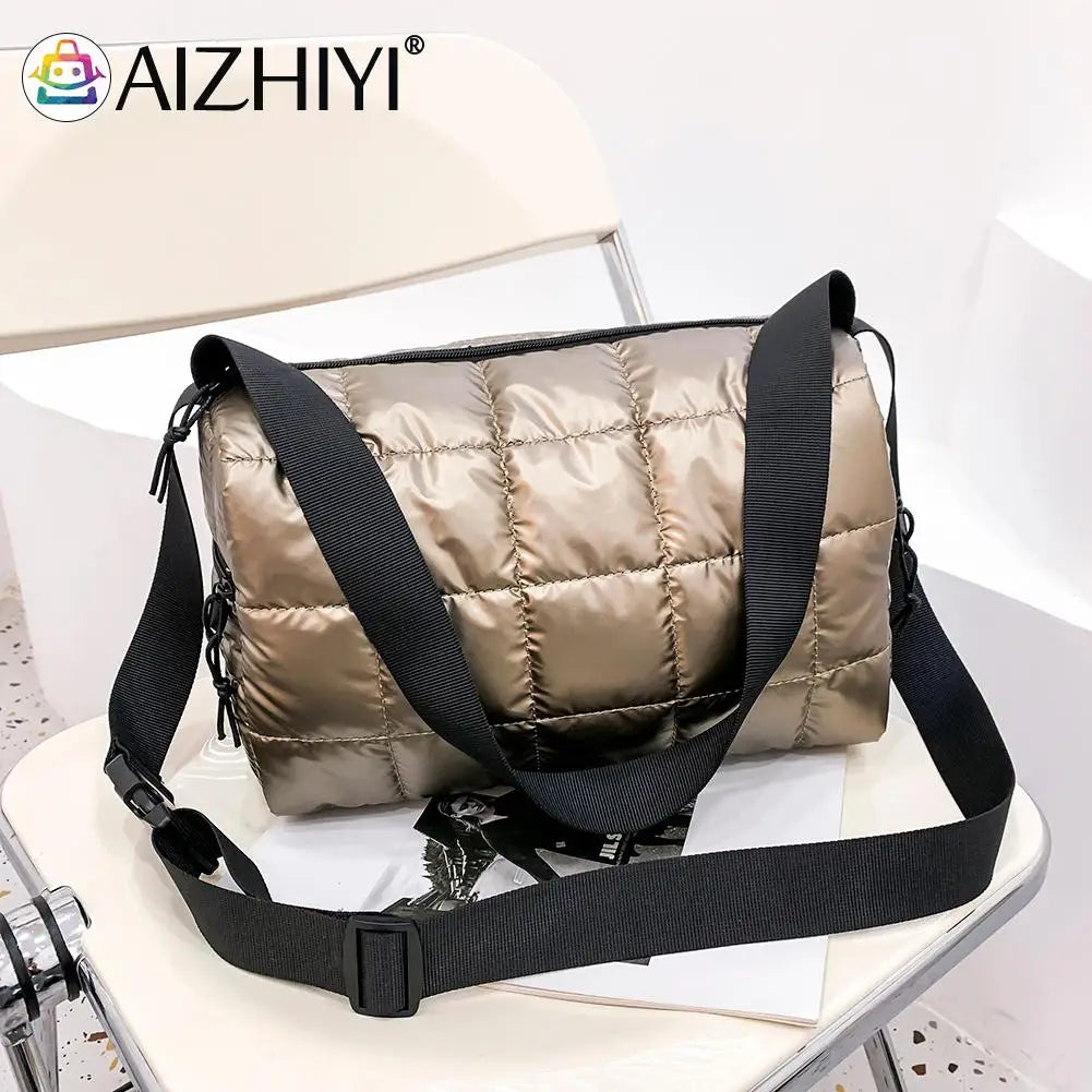 Pleated Quilted Cotton Padded Grid Crossbody Bag