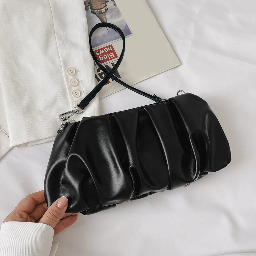 Pleated Shoulder Handbag Women Solid PU Underarm Cloud Bags For Women