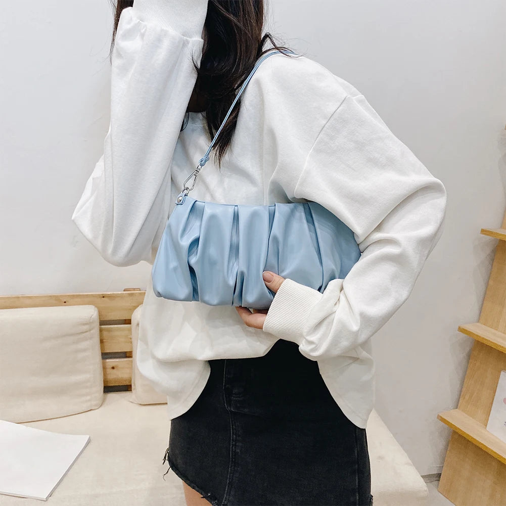 Pleated Shoulder Handbag Women Solid PU Underarm Cloud Bags For Women