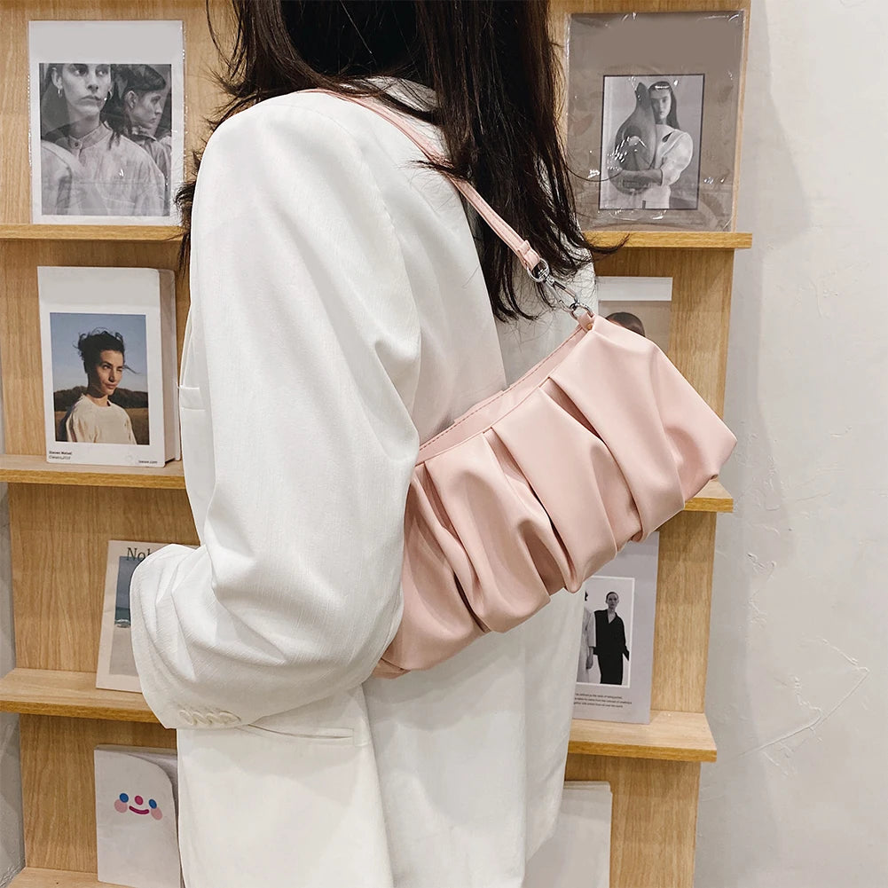 Pleated Shoulder Handbag Women Solid PU Underarm Cloud Bags For Women