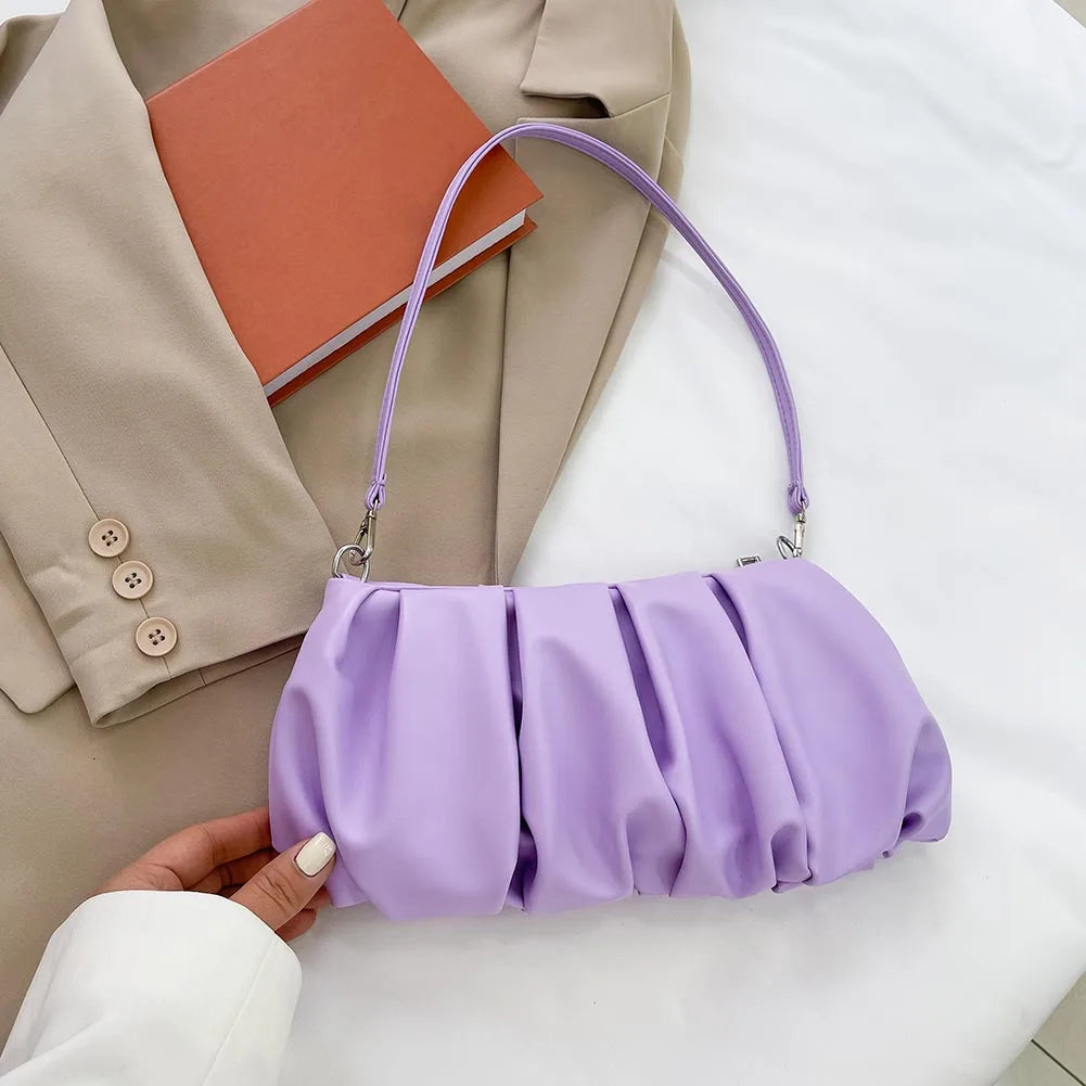 Pleated Shoulder Handbag Women Solid PU Underarm Cloud Bags For Women