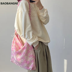 Pink Flowers Messenger Bag Women Girls Student Casual Tote Handbags
