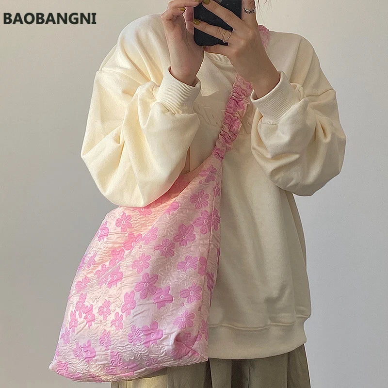 Pink Flowers Messenger Bag Women Girls Student Casual Tote Handbags