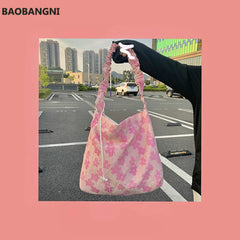 Pink Flowers Messenger Bag Women Girls Student Casual Tote Handbags