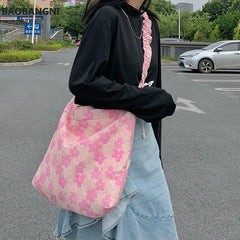Pink Flowers Messenger Bag Women Girls Student Casual Tote Handbags