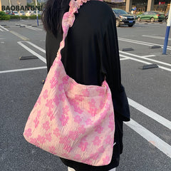 Pink Flowers Messenger Bag Women Girls Student Casual Tote Handbags