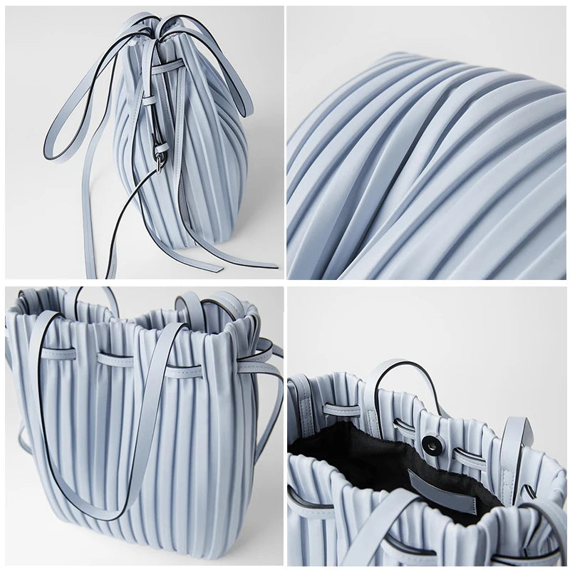 Pleated Stripe Bucket Bag Ladies Crossbody Bags for Women