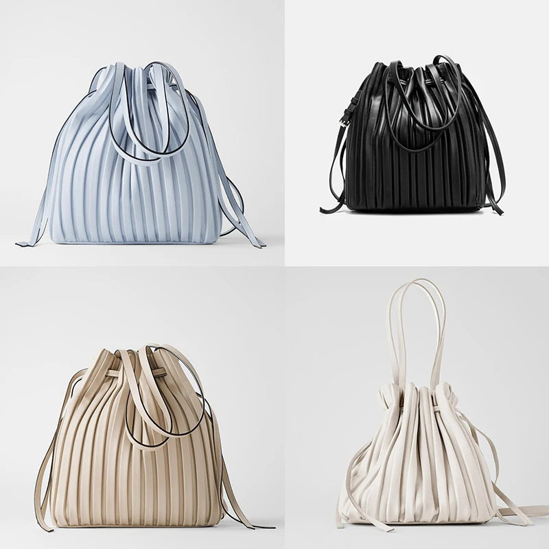 Pleated Stripe Bucket Bag Ladies Crossbody Bags for Women