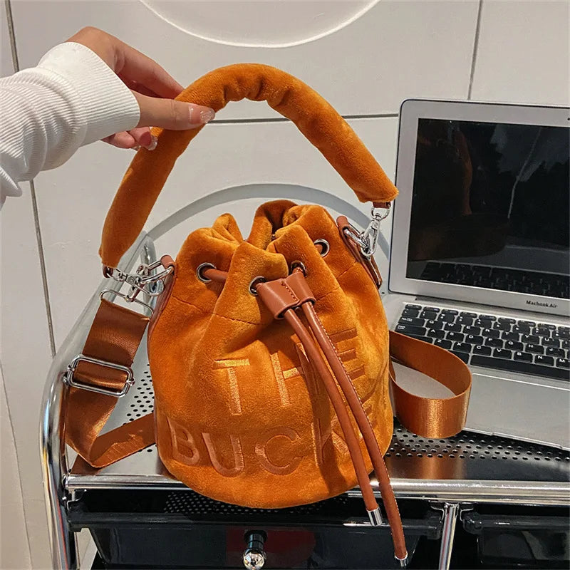Plush Bucket Bag Letters Women Handbags Faux Fur Shoulder Crossbody Bags