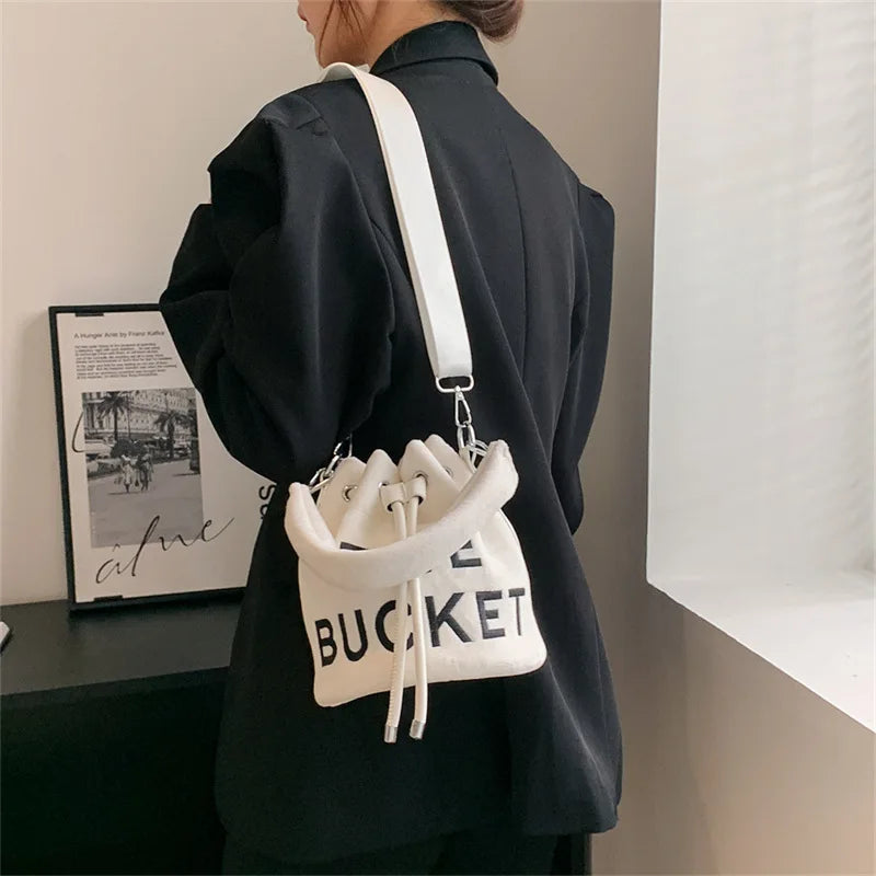 Plush Bucket Bag Letters Women Handbags Faux Fur Shoulder Crossbody Bags
