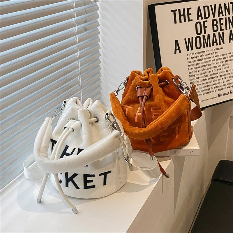 Plush Bucket Bag Letters Women Handbags Faux Fur Shoulder Crossbody Bags