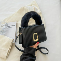 Striped Pu Leather Crossbody Bag Plush Handle Shoulder Bag Women Handbag