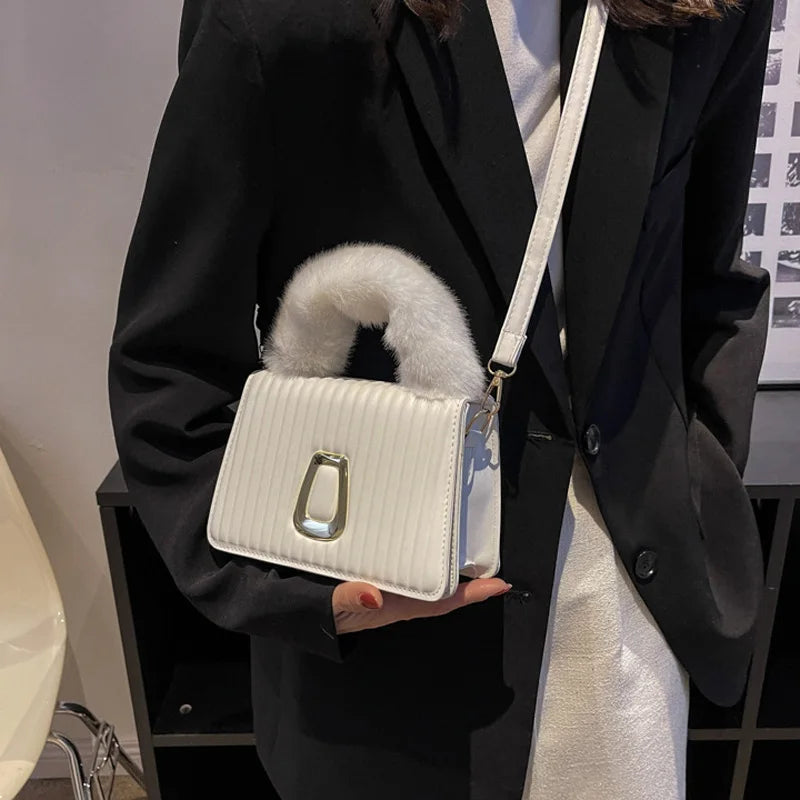 Striped Pu Leather Crossbody Bag Plush Handle Shoulder Bag Women Handbag