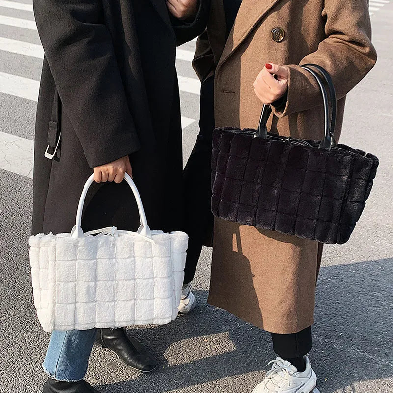 Plaid Shoulder Bags for Women Winter Faux Fur Shopper Bags