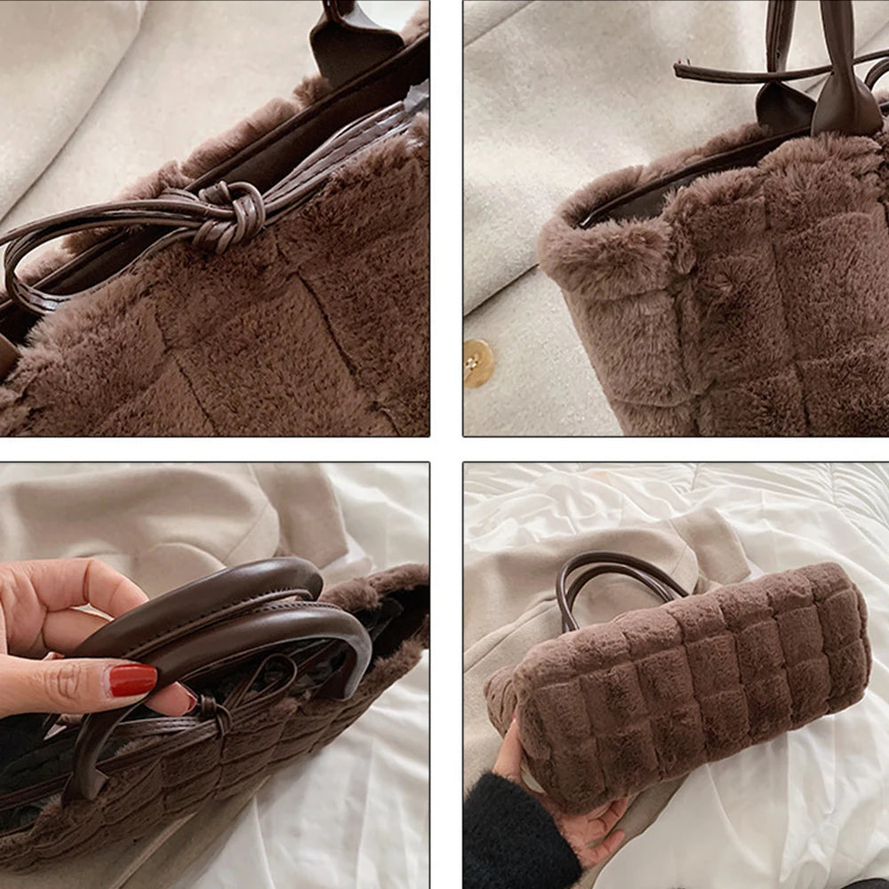 Plaid Shoulder Bags for Women Winter Faux Fur Shopper Bags