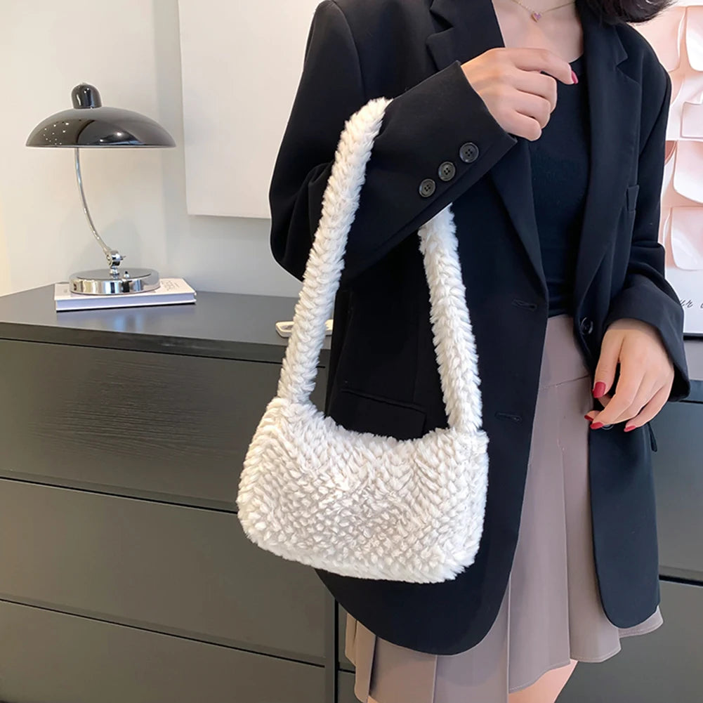 Solid Plush Underarm Bag Women Top-handle Casual Shoulder Handbags