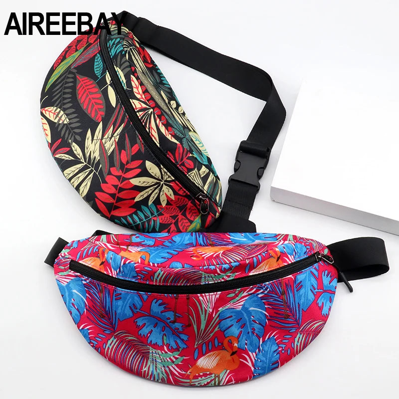 Leaf Women Fanny Pack Canvas Waist Bag Zipper Female Travel Banana Bag