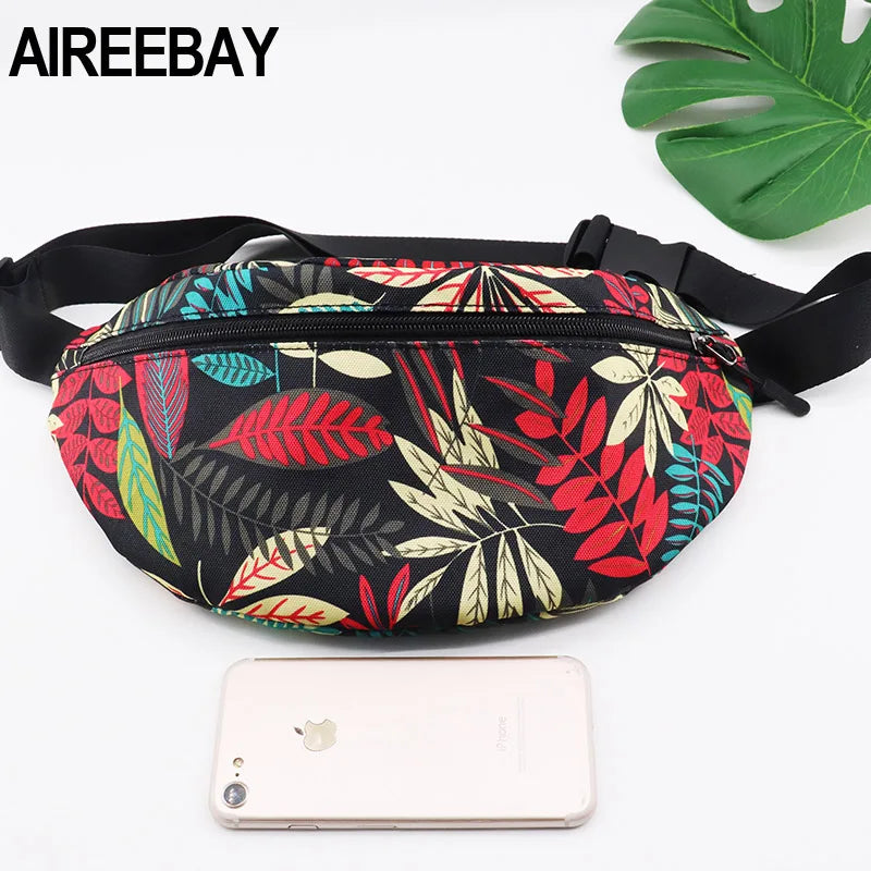 Leaf Women Fanny Pack Canvas Waist Bag Zipper Female Travel Banana Bag
