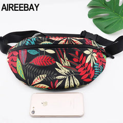 Leaf Women Fanny Pack Canvas Waist Bag Zipper Female Travel Banana Bag