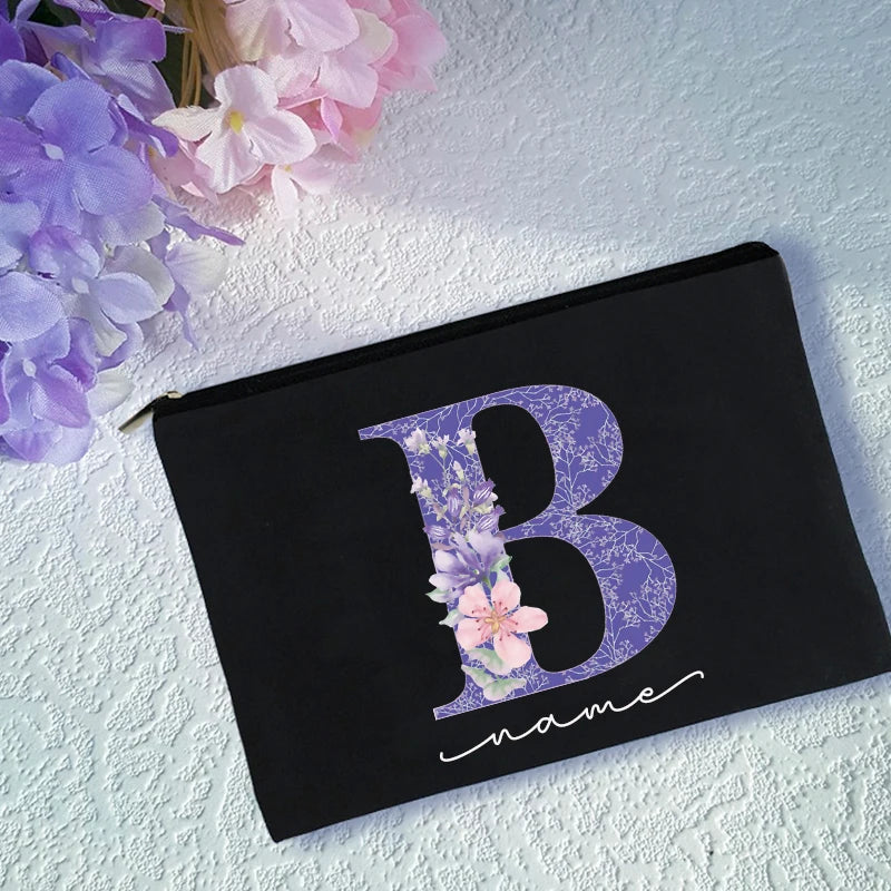 Purple Letters Cosmetic Bag Flower Print Makeup Personalized Names Storage Pouch