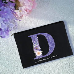 Purple Letters Cosmetic Bag Flower Print Personalized Names Storage Pouch