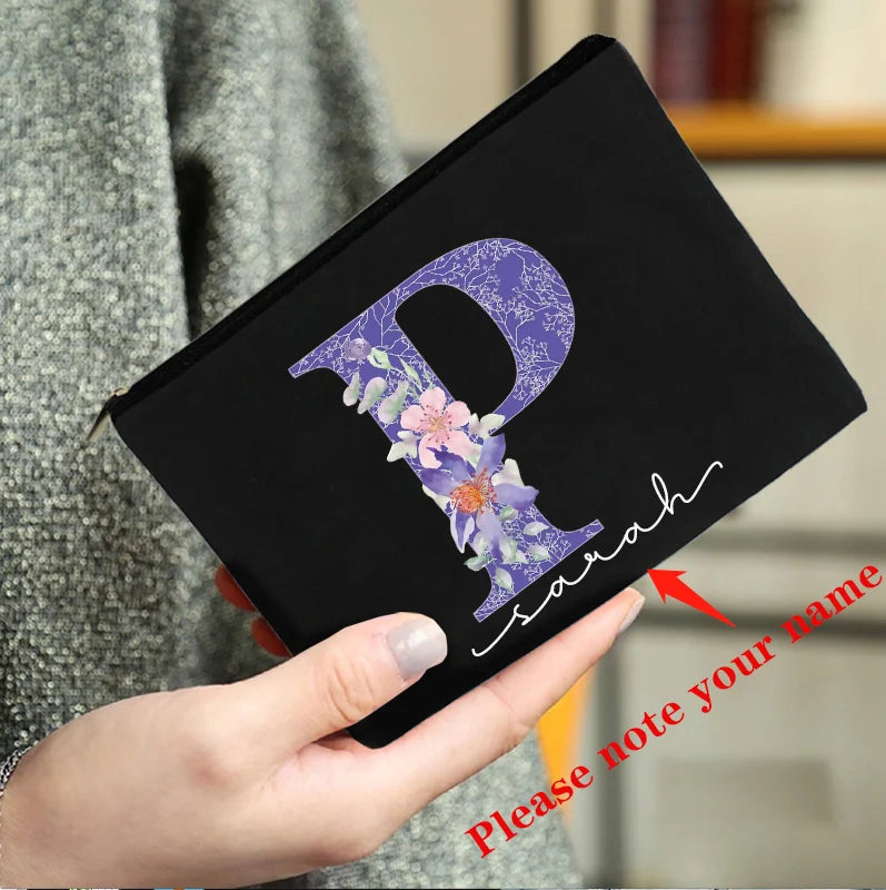 Purple Letters Cosmetic Bag Flower Print Makeup Personalized Names Storage Pouch