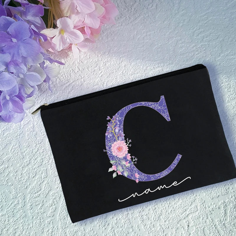 Purple Letters Cosmetic Bag Flower Print Personalized Names Storage Pouch