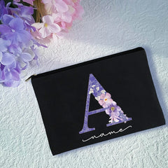 Purple Letters Cosmetic Bag Flower Print Personalized Names Storage Pouch